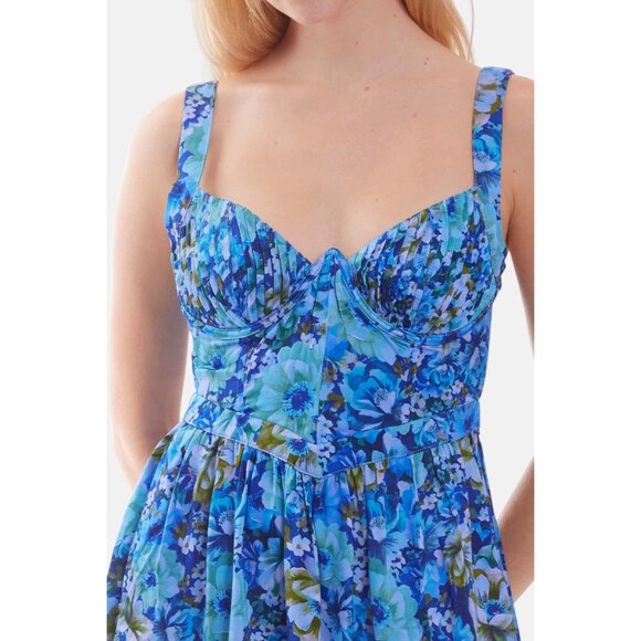 FOR LOVE & LEMONS Astor Midi Dress Blue Floral Sz L Pleated Bust Lace Up Back - Picture 3 of 16